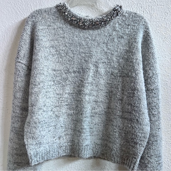 NWT J Crew embellished rhinestone gray sweater - Picture 7 of 12